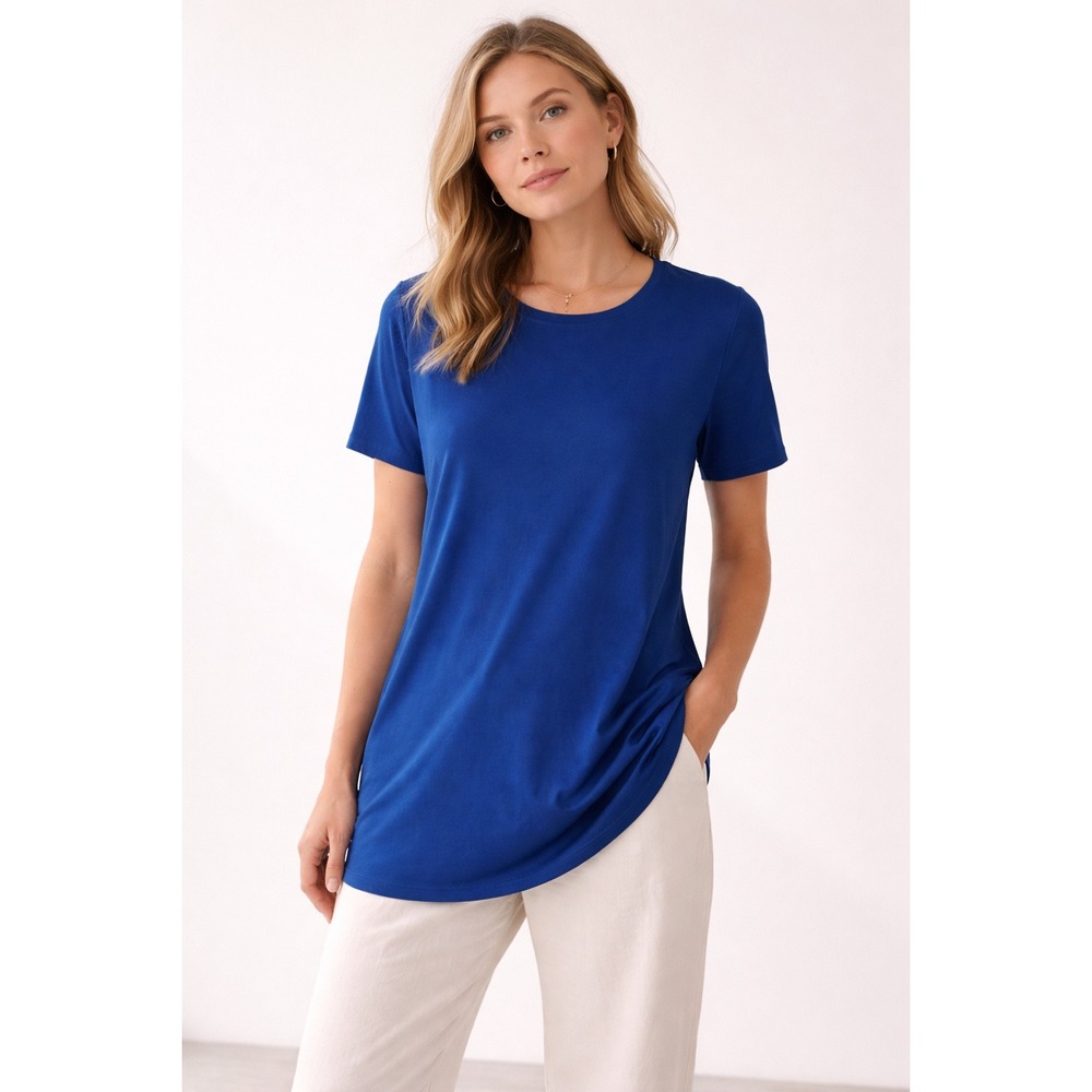 Eileen Fisher Royal Blue Cotton Spandex Short Sleeve Tunic Top‎ XXS TTP